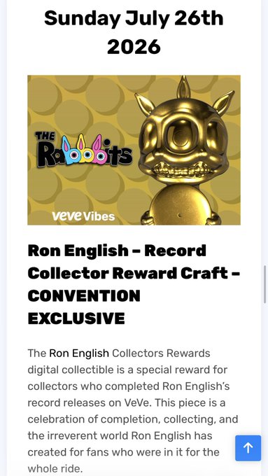 A webpage titled 'Sunday July 26th 2026' featuring 'The Rabbits' and announcing a 'Ron English - Record Collector Reward Craft - CONVENTION EXCLUSIVE' digital collectible.
