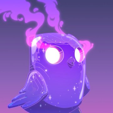 A digital illustration of a glowing purple penguin with luminous white eyes and a cosmic, starry body emitting pink smoke, presented as a Mythic-tier NFT artwork in praise of the high-quality design investment behind these collectibles.
