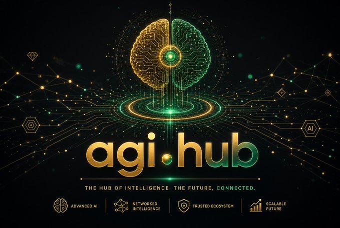 A futuristic digital graphic for 'agi.hub' featuring a glowing brain made of circuit boards, with the tagline 'THE HUB OF INTELLIGENCE. THE FUTURE. CONNECTED.' and icons for Advanced AI, Networked Intelligence, Trusted Ecosystem, and Scalable Future.