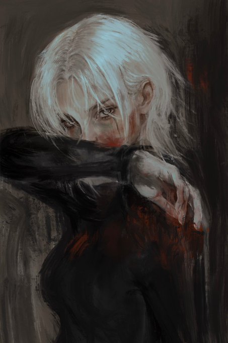 The image or painting portrays a character that could be associated with a narrative or a thematic element of mystery or thriller genres, judging by the intense and emotional expression. It bears no explicit text, numbers, tickers, or names that relate to the accompanying post details about a countdown and a current bid, which indicates it might be an art piece up for auction or part of a digital market where such items are traded. The painting evokes a sense of raw emotion and depth, characteristics that might increase its value and interest among viewers or potential buyers.