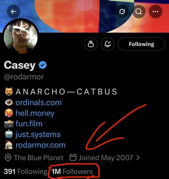 The image shows a social media post with a black background featuring a list of followers for a person named Casey. The post also includes an arrow pointing to the number 1M followers. The caption reads "1M followers" and "Casey @rodarmor - creator of Ordinals & Runes on Bitcoin".