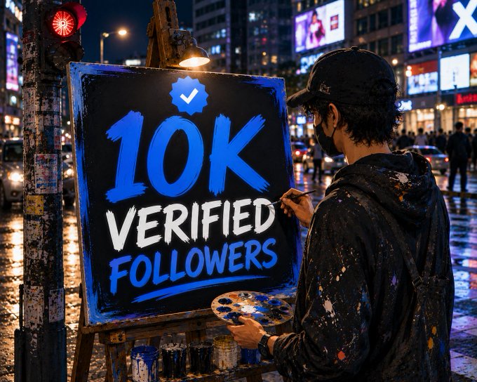 A street artist wearing a mask and paint-splattered jacket paints a sign reading '10K VERIFIED FOLLOWERS' on a canvas set up on a wet city street at night.