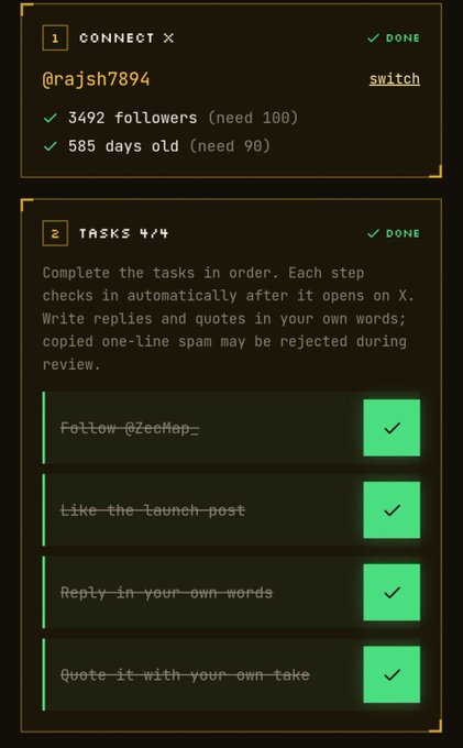 A screenshot of a task list showing 'CONNECT' and 'TASKS 4/4' both marked DONE, with steps to follow, like, reply, and quote @zecNop on X.