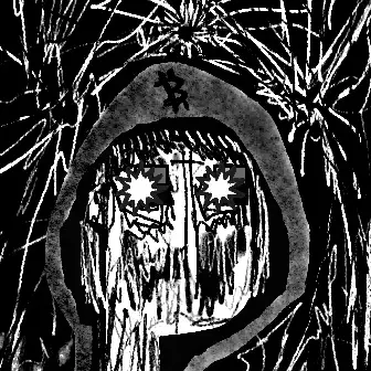A black and white stylized illustration featuring a hooded figure with a textured face and bright eyes, surrounded by chaotic line patterns.
