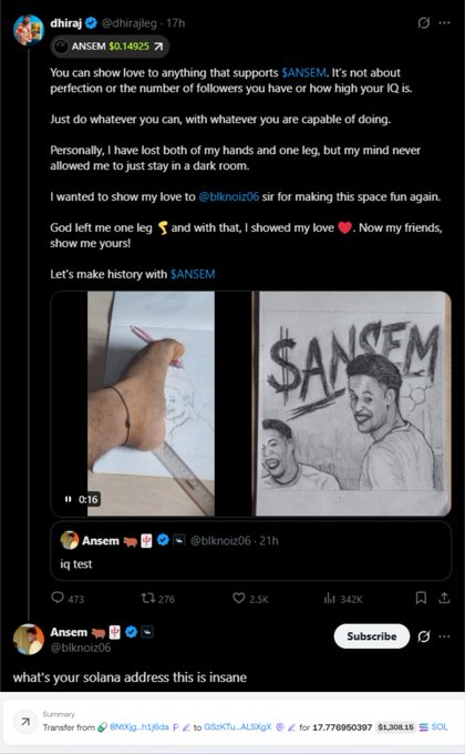 A tweet by 'dhira' (@dhirajleg) about the $ANSEM token, mentioning a drawing and showing a transaction summary of 17.770950397 SOL transferred from an Ansem-related wallet.