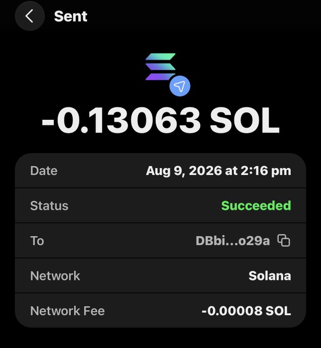 The image shows a successful Solana transaction confirmation of -0.13063 SOL sent to address "DBbi...029a" on Aug 9, 2026, with a network fee of -0.00008 SOL. The screenshot serves as proof of the SOL transfer referenced in the post promoting a memecoin launch.