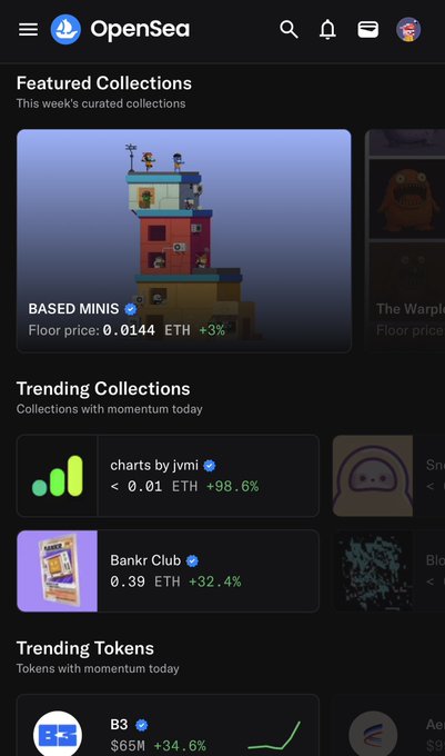 A mobile screenshot of the OpenSea NFT marketplace homepage displaying featured collections like "BASED MINIS" at 0.0144 ETH and trending collections including "charts by jvmii" and "Bankr Club."