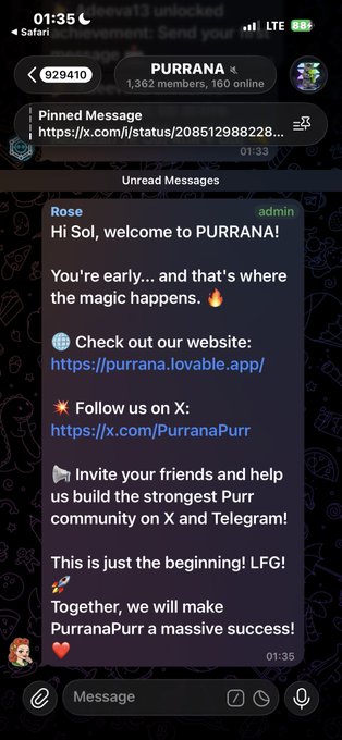 A Telegram chat in the 'PURRANA' channel showing a welcome message from admin 'Rose' with website and social media links.