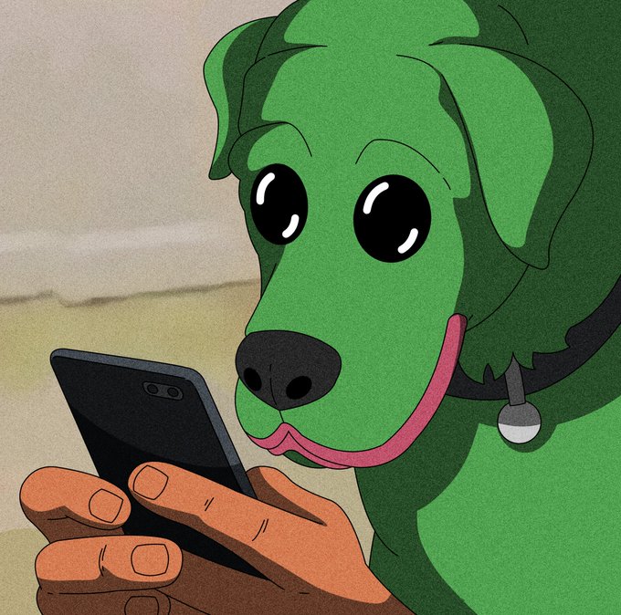 An illustration of a green dog wearing a collar looking at a phone, captioned "Quick maths: Order one of each: hoodie, tee, kids tee, cap, keychain = $159, get 2 free fwog NFTs worth $200. fwogshop.com" — using the cute character to promote a merch bundle deal that comes with free NFTs.