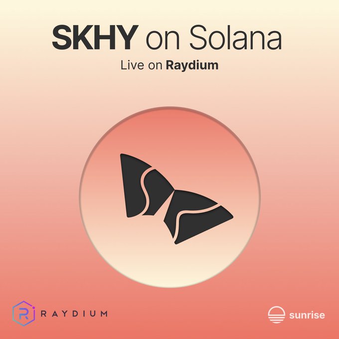 Promotional graphic for 'SKHY on Solana, Live on Raydium' featuring a circular logo with a stylized black fish/butterfly design on a peach-to-coral gradient background, with Raydium and Sunrise logos at the bottom.