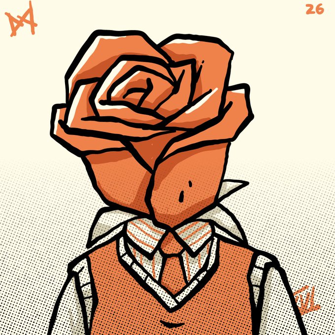 A pop-art style comic illustration of a figure with an orange rose for a head, wearing a suit and tie, set against a cream background with halftone dot shading; signed with 'ATL' and numbered '26' in the corners.