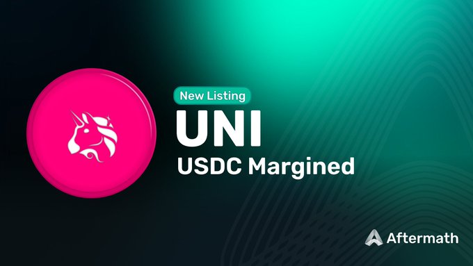 A promotional graphic from Aftermath announces a new listing for UNI USDC-margined perpetual futures, featuring a pink unicorn logo. The "New Listing" badge and UNI ticker align with the announcement that traders can now long or short $UNI perps with up to 10x leverage.
