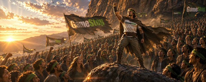 An epic, fantasy-style illustration depicts a muscular, dark-haired figure standing triumphantly atop a rocky cliff, waving a flag emblazoned with the "GameStop" logo, while a massive crowd of devotees wearing green headbands cheers below at sunset.

The image visually reinforces the post's theme of unwavering conviction by framing GameStop investors as an army of faithful believers rallying behind a champion, complimenting the "believer" mentality and the suggested entry point for the $GME-related "GameStopOnChain" project.