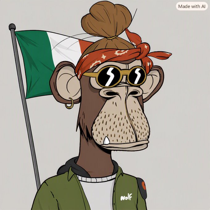 An AI-generated cartoon illustration of a monkey character wearing sunglasses, a bandana, and a green jacket with "WOLF" written on it, standing in front of an Italian flag, with "Made with AI" in the corner.