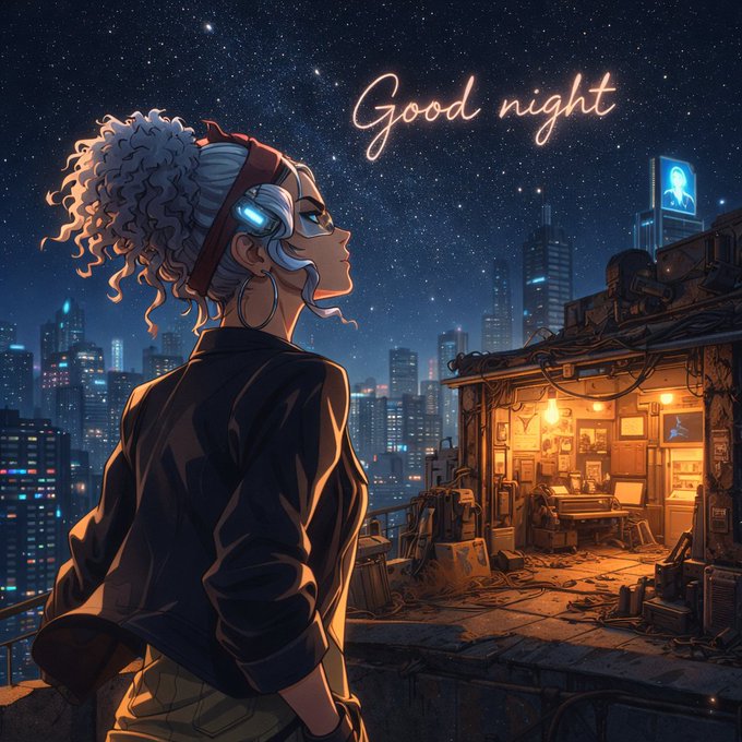 The image features a woman with curly hair wearing a black jacket, standing on top of a rooftop looking out at a city skyline under a starry night sky. The caption "Good night fam" is written above her head, which could be interpreted as a greeting or a motivational message. The post also mentions the term "River is quietly redefining the game by turning satUSD into a living liquidity layer across multiple chains". This phrase might be related to the concept of cryptocurrency and how it has been changing the way people invest and manage their finances.