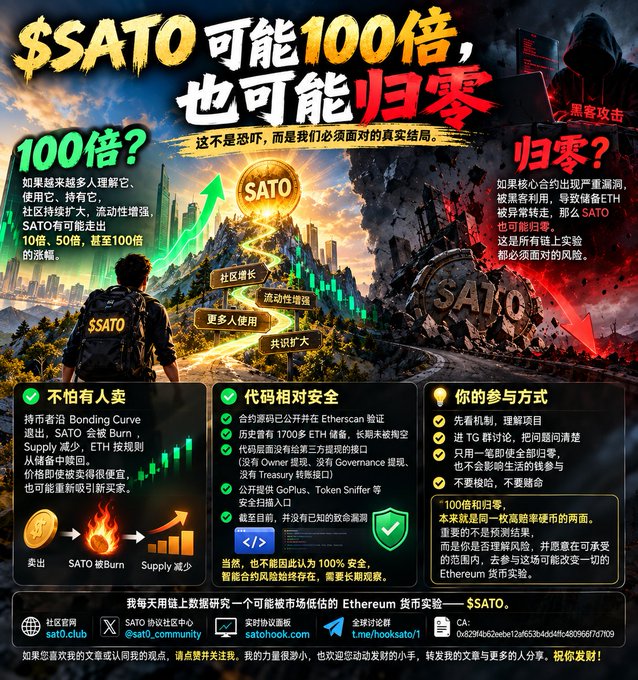 A promotional graphic for the '$SATO' cryptocurrency featuring Chinese text, asking if it could '100倍' (100x) or '归零' (go to zero), alongside illustrations of a gold coin, green growth charts, and a dark hooded figure.