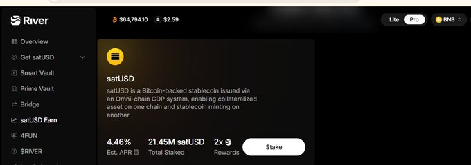 A screenshot of the River financial app showing satUSD, described as a Bitcoin-backed stablecoin issued via an Omni-chain CDP system, with an estimated APR of 4.46%, total staked of 21.45M satUSD, and 2x rewards, displaying a portfolio value of $64,794.10.