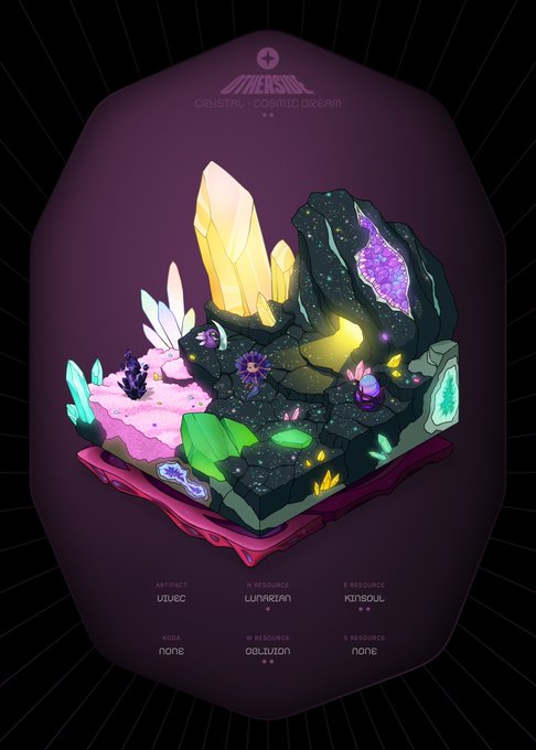 A colorful crystalline diorama titled "Oneosil - Crystal Cosmic Dream" featuring glowing yellow, pink, and purple crystals alongside green and teal gemstones, labeled as a rare "Vivec" artifact (92 supply) — matching the Grail Otherdeed #99027 sale of a Vivec artifact for 0.25 WETH.