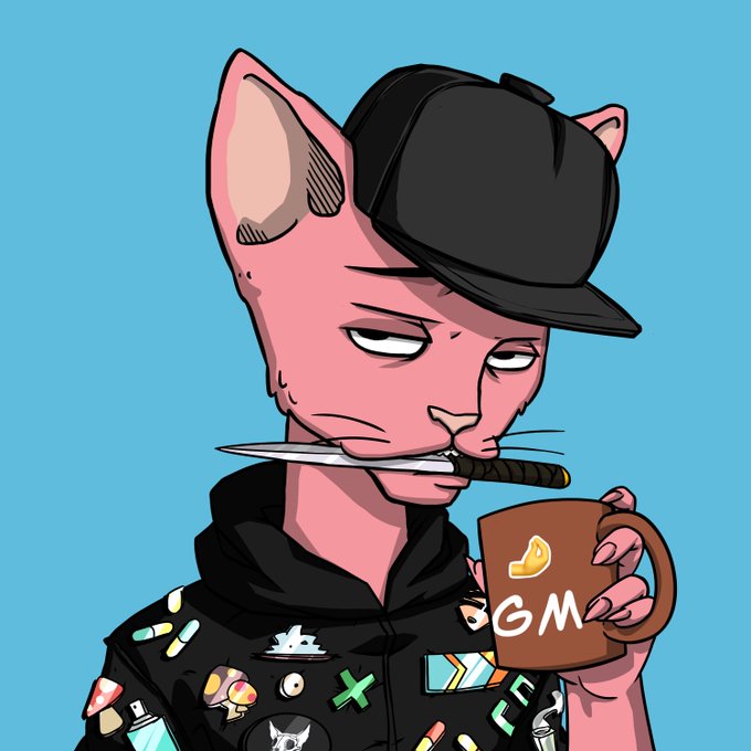 A cartoon illustration of a hairless Sphynx cat wearing a black cap and hoodie, holding a knife in its mouth and a brown mug with 'GM' written on it.