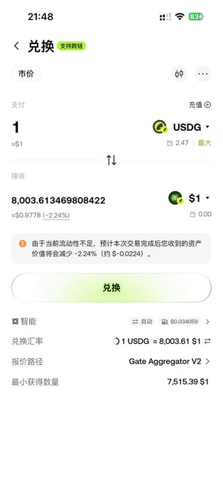 A mobile screenshot of a cryptocurrency exchange interface showing a swap from 1 USDG to approximately 8,003.61 S1 via Gate Aggregator V2.