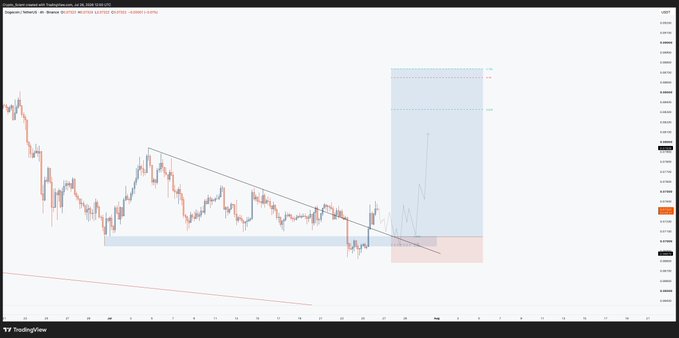 A TradingView chart of Dogecoin/USDT ($DOGEUSDT) on Binance shows a descending trendline broken to the upside with a projected move into a highlighted resistance box, aligning with the post's call for long entries on any dip into the cleared equal lows.