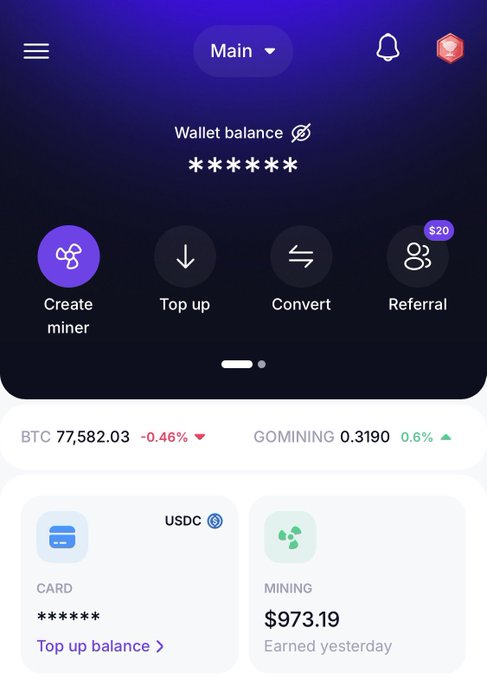 A dark-themed mobile app interface showing a wallet balance, options like 'Create miner' and 'Convert,' with BTC price displayed as 77,582.03 and mining earnings of $973.19.