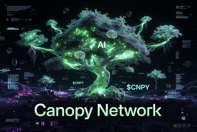 A digital artwork titled "Canopy Network" depicting a glowing green circuit-board tree with "AI" and "$CNPY" labels, set against a dark, futuristic digital landscape with floating data interfaces.