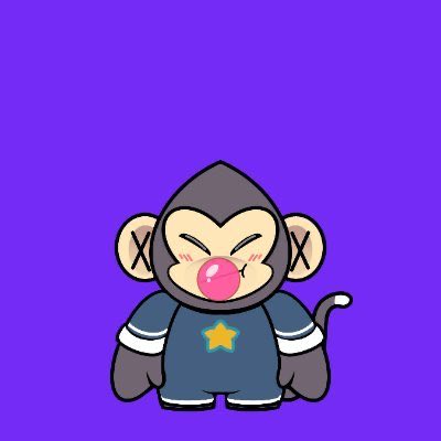 A cartoon monkey character in a blue shirt with a yellow star is centered against a purple background, likely representing one of the NFT projects mentioned in the list of upcoming Ink on Chain collections. The image serves as a visual mascot for the featured NFT community.