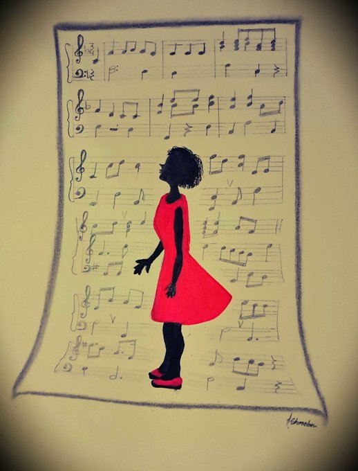 An illustration of a woman in a red dress in silhouette, standing on a piece of sheet music with musical notation.