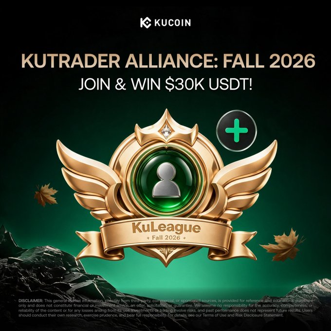 The image is a promotional banner for KuCoin's "KuTrader Alliance: Fall 2026" featuring a golden winged "KuLeague" badge, with text announcing "JOIN & WIN $30K USDT!" to advertise the trading competition and lucky draw prize pool.