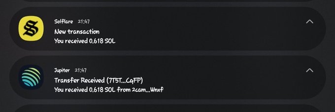 A dark-themed mobile interface displaying crypto transaction notifications from Selfflare and Jupiter, showing a new transaction of 0.618 SOL received and a transfer of 0.618 SOL from zcamWnxF.