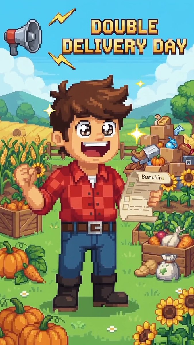 A pixel art illustration titled 'DOUBLE DELIVERY DAY' shows a smiling farmer in a red plaid shirt holding an order form for 'Bumpkin', standing in a field with pumpkins and crops.