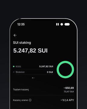 A smartphone screenshot displays a "SUI staking" interface on the Midas Kripto app, showing a balance of 5,247.82 SUI with 0 SUI blocked, an option to top up another -550.69 SUI (totaling 73.47 SUI), and an annualized yield of ~14% APY. The image illustrates one of the crypto assets available for staking through the platform advertised in the post.