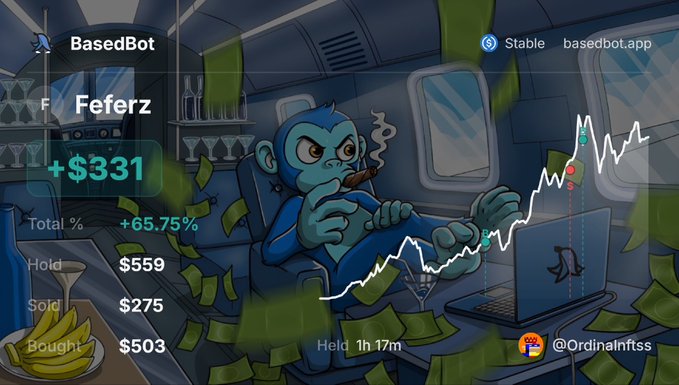 BasedBot crypto trading dashboard showing 'Feferz' portfolio with +$331 (+65.75%) profit, held 1h 17m on basedbot.app.