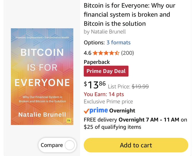 An Amazon Prime Day deal listing for "Bitcoin is for Everyone: Why our financial system is broken and Bitcoin is the solution" by Natalie Brunell, discounted to $13.86 from $19.99 with free overnight delivery, supporting the post's promotion of the book as a Prime Day purchase opportunity.