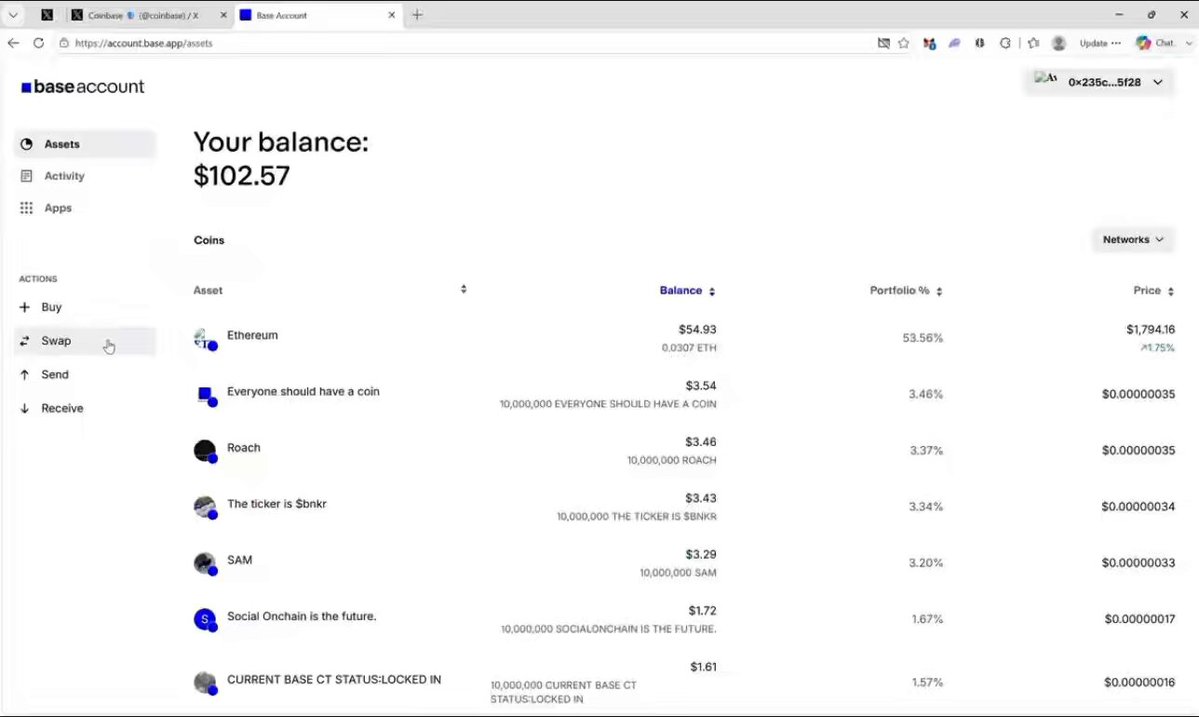 The image shows a screenshot of the account dashboard from a web browser, specifically Chrome. The main focus is the balance displayed on the screen which currently stands at $1067.67. This information seems to be related to an activity performed by the user in the account. The title "Your Balance" and other text appear around this balance. The image also contains a post that says "@baseapp just came to browser. I made my first transaction on account.base". This can suggest that the user has recently completed or is preparing to perform a new transaction within their account, which would be reflected in the balance displayed on the dashboard.