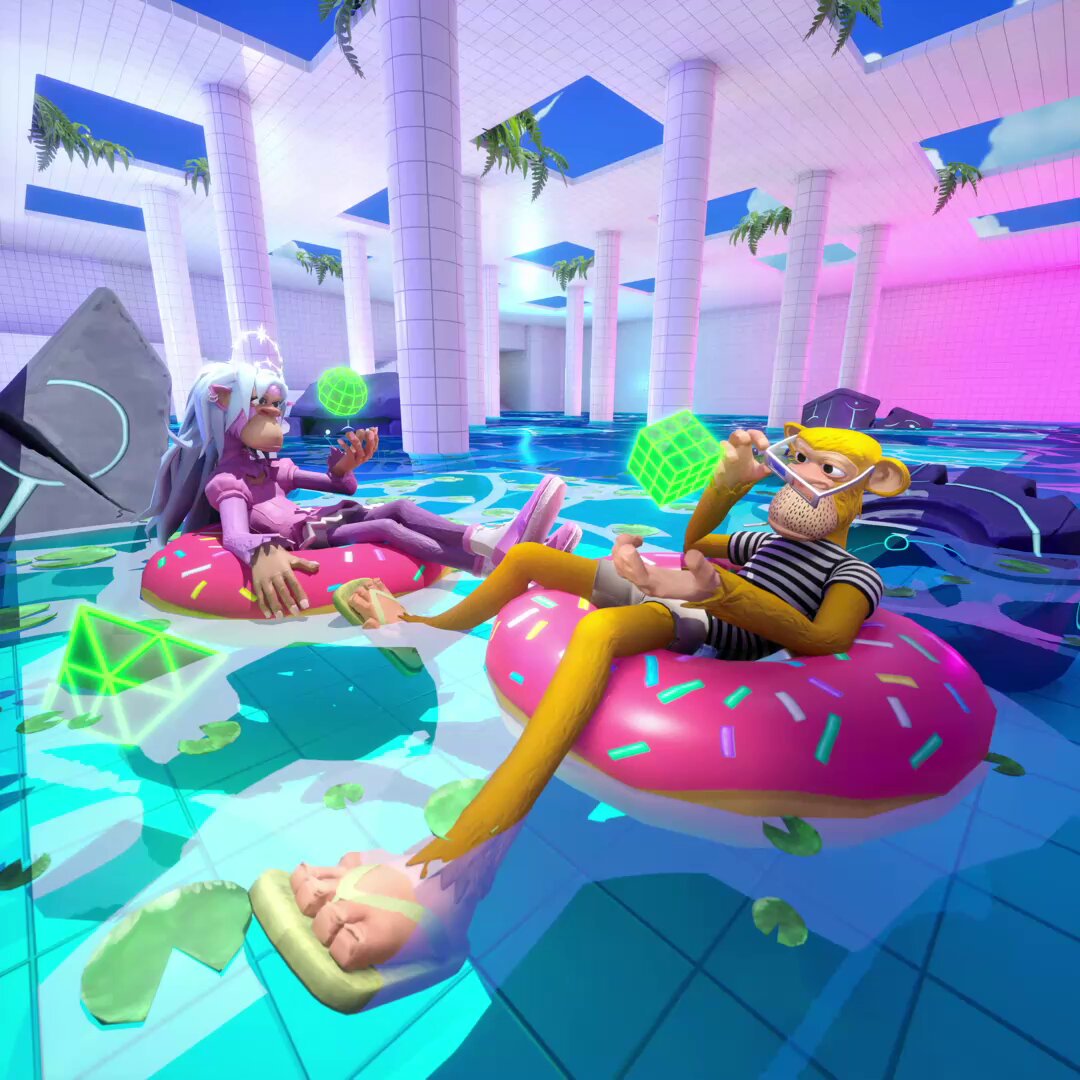 The image features two cartoon characters floating above a pool filled with pink donuts, surrounded by neon lights that create an otherworldly atmosphere. The characters are wearing sunglasses and appear to be enjoying themselves as they float amidst the colorful donut-filled water. The caption for this image reads "Focus on what is in the image and how it relates to the post @TheRenderPool".