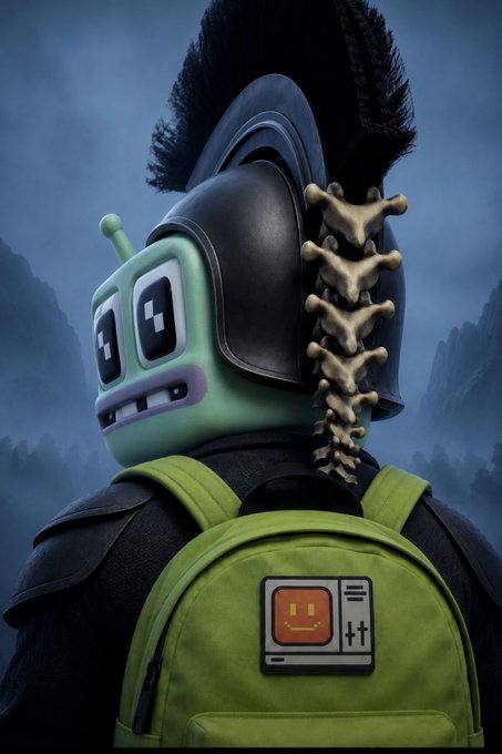 A digital artwork features a character wearing a green alien head, a black Roman-style helmet with a bone spine, and a green backpack with a retro computer smiley face sticker.
