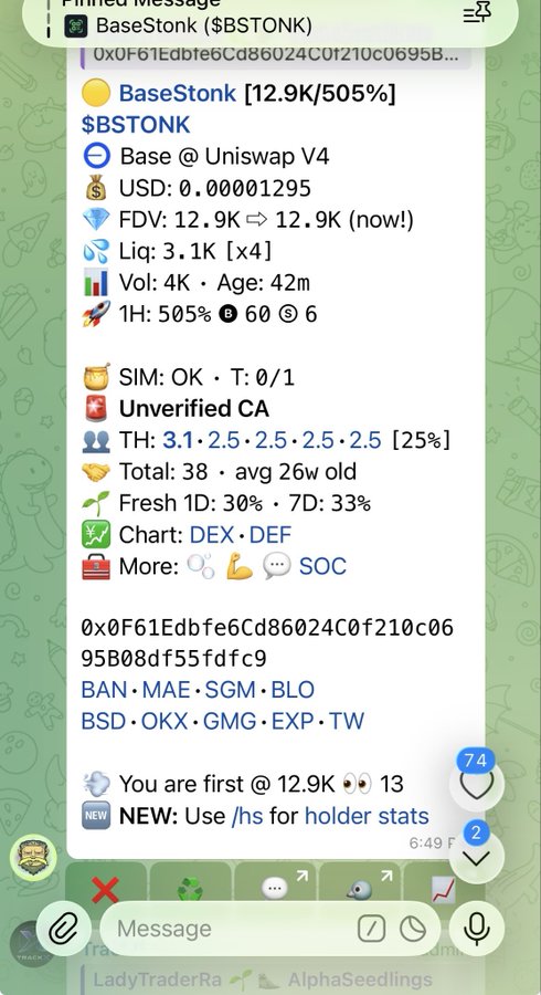 A Telegram message screenshot showing pinned crypto data for '$BSTONK' on 'Base @ Uniswap V4' with FDV: 12.9K, including contract address and trading statistics.