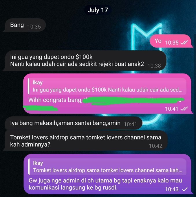A screenshot of a Telegram chat dated July 17 between two Indonesian users, where "Bang" mentions receiving a $100k reward and plans to share some with his kids, and "Ikay" congratulates him while teasing him in a forwarded message and noting he's also an admin in the Tomket Lovers channel who can be contacted directly at "bg rusdi."