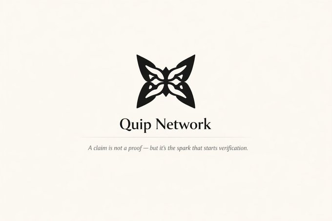 A minimalist logo design featuring a black butterfly-style emblem above the text "Quip Network" with the tagline "A claim is not a proof — but it's the spark that starts verification."