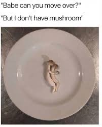 A humorous meme showing a nearly empty plate with text: "Babe can you move over?" / "But I don't have mushroom".
