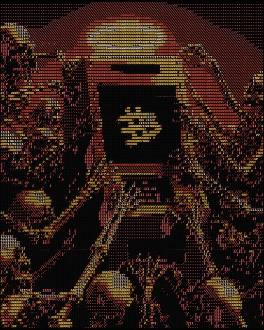 A pixelated, reddish-brown image showing an arched doorway or tunnel with a small yellow figure in the center.