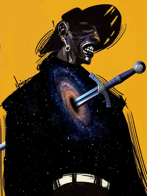 A stylized comic book illustration of a character in profile with a galaxy-patterned torso, pierced by a sword, with a black void forming their head against a bright yellow background.