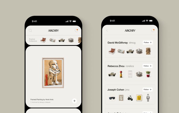 Two iPhone screens show the Archiv app interface, with the left displaying a "Framed Painting by Horst Arts" in a collection view, and the right revealing a new social discover page featuring collectors like David McGillivray, Rebecca Zhou, and Joseph Cohen with their curated items—directly illustrating the post's announcement of a new social discovery feature alongside the rollout of app access invites.