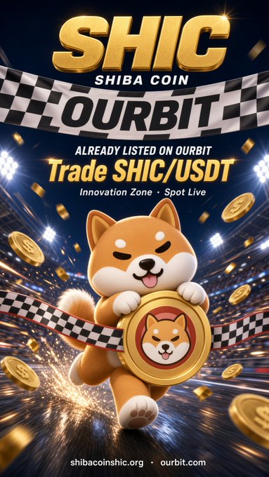 A promotional image for 'SHIC SHIBA COIN' announcing it is 'ALREADY LISTED ON OURBIT' to 'Trade SHIC/USDT' in the 'Innovation Zone · Spot Live', featuring a Shiba Inu dog holding a coin with checkered flags.