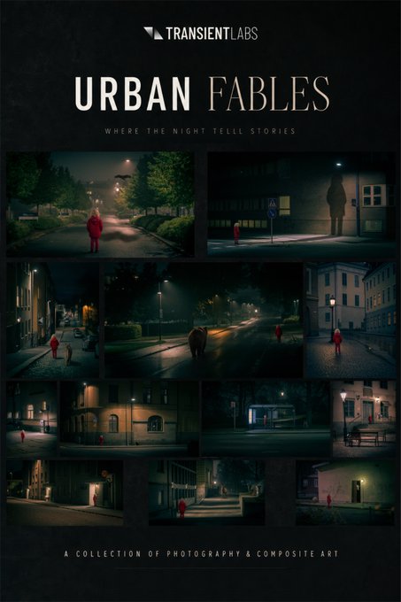 A book or album cover for 'TRANSIENT LABS URBAN FABLES' titled 'WHERE THE NIGHT TELL STORIES', featuring a grid of moody, dark photographs of street scenes with a recurring figure in a red hood.