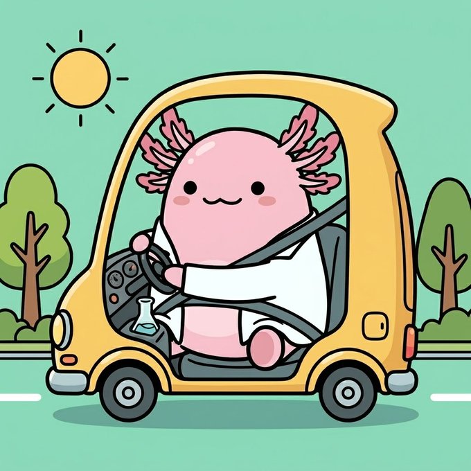 The image features a cartoon character, possibly a pink alien or a cute animal, sitting inside a yellow car with its head sticking out of the window. The car appears to be driving down a road, as indicated by the presence of trees on either side of the street. The text in the image reads "Bubble bubble. 999 Axolotlies. Free mint. Ethereum. Join the axolotlies: axolotlies.xyz". This message seems to be related to the cartoon character or its creator, possibly as a form of social media engagement or promotion for an event or product.
