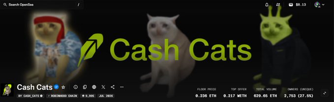 A banner for an OpenSea listing called 'Cash Cats' featuring three different cat images and stats like 'FLOOR PRICE 0.236 ETH', 'TOP OFFER 0.217 METH', and 'TOTAL VOLUME 629.65 ETH'.