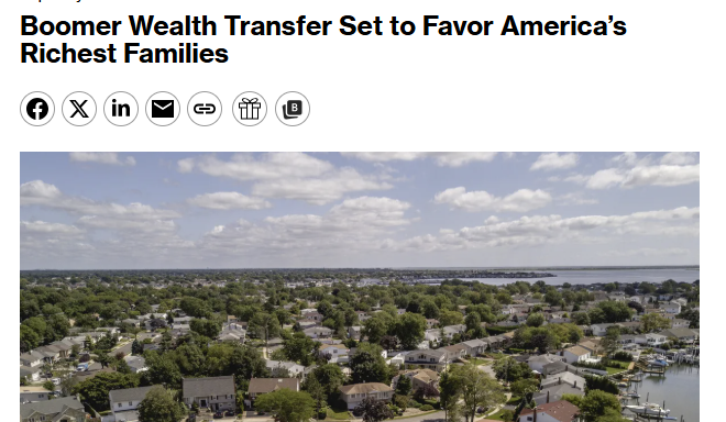 An aerial view of a coastal suburban neighborhood below the headline "Boomer Wealth Transfer Set to Favor America's Richest Families." The image of sprawling middle-class homes contrasts with the post's message that, despite a projected $93 trillion wealth transfer, most assets will evaporate before reaching heirs—concentrating wealth among the few families structured to preserve it.